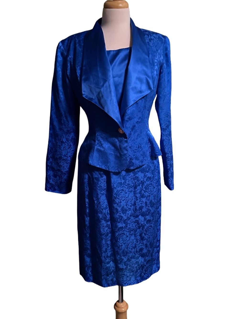 Studio Silk 2-Piece Jacquard Skirt Suit Set Royal Blue Sz 6 Vintage
